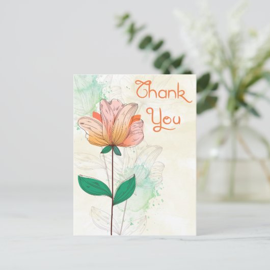 Bedankt Waterverf Roze & Oranje Bloem Briefkaart (Staand voorkant)