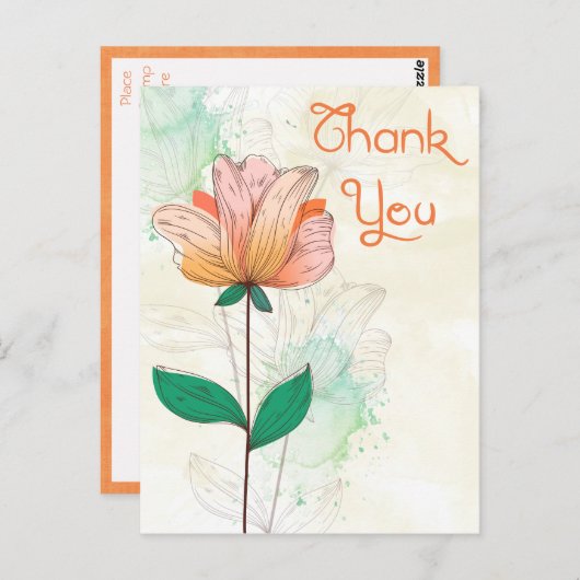 Bedankt Waterverf Roze & Oranje Bloem Briefkaart (Voorkant / Achterkant)