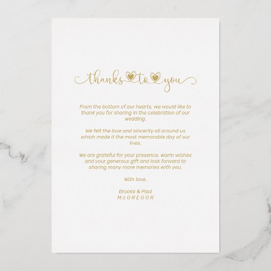 Bedankt Wedding Golden Heart Whimsical-script Folie Uitnodiging (Achterkant)
