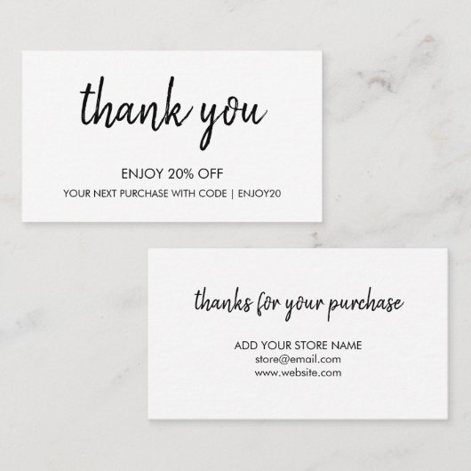 Bedankt White | Modern minimalistisch handgeschrev Kortingskaartje (Voorkant / Achterkant)
