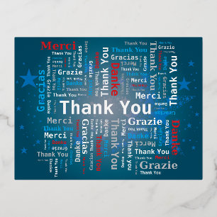 Bedankt Word Cloud - 5 Talen - Deep Blue Folie Feestdagen Briefkaart
