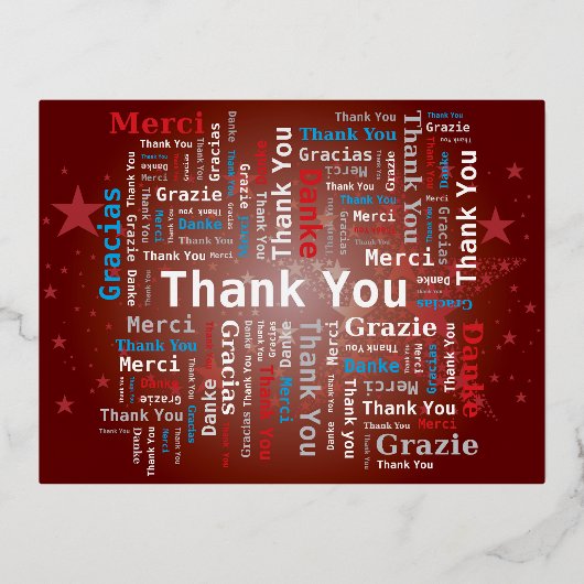 Bedankt Word Cloud - 5 Talen - Rood Folie Feestdagen Briefkaart (Voorkant)