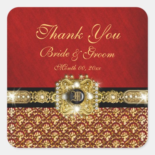 "Bedankt" zwart rood goud damast Vierkante Sticker (Voorkant)
