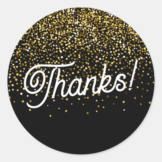 Bedankt! Zwarte en gouden Confetti Ronde Sticker (Voorkant)