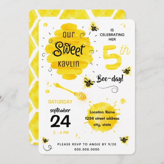 Beday Honey Bee Yellow 5th Birthday Party Kaart (Voorkant / Achterkant)