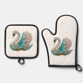 Bedazzled Diamond Swan Gold Crystal Bling Ovenwant & Pannenlap Set