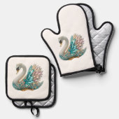 Bedazzled Diamond Swan Gold Crystal Bling Ovenwant & Pannenlap Set (Voorkant / Achterkant)
