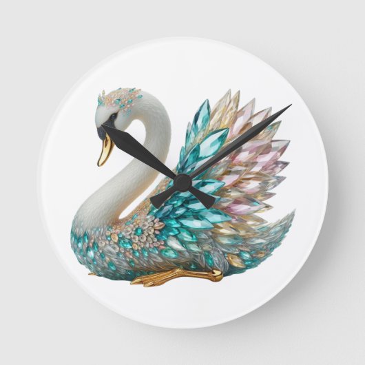 Bedazzled Diamond Swan Gold Crystal Bling Ronde Klok (Voorkant)