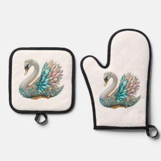 Bedazzled Diamond Zwaan Goud Kristal Bling Ovenwant & Pannenlap Set