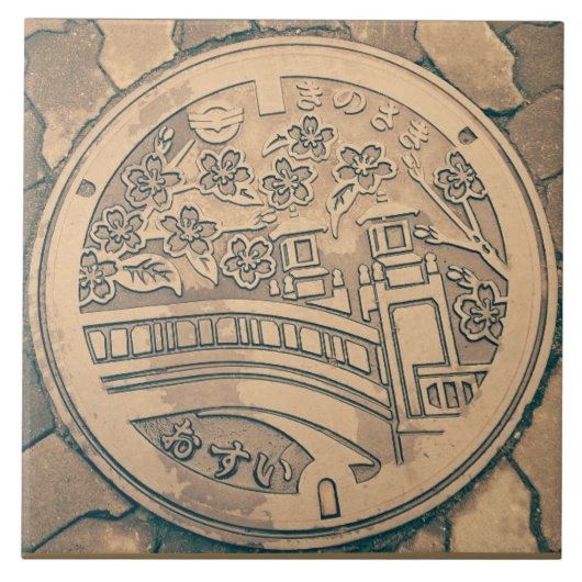 Bedekking van mangat en steenslag, van keramische tegeltje (Voorkant)