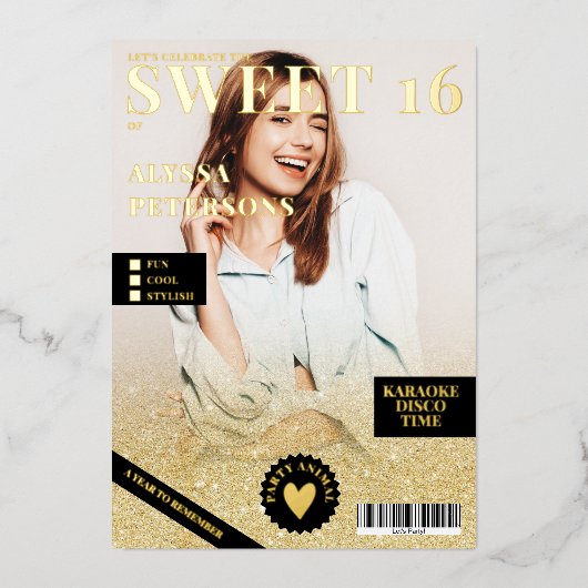 Bedekking van tijdschrift 2 foto's goud glitter om folie uitnodiging (Voorkant)