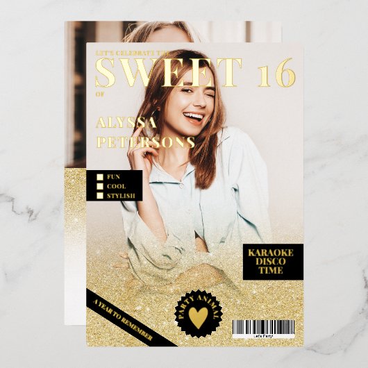 Bedekking van tijdschrift 2 foto's goud glitter om folie uitnodiging (Voorkant / Achterkant)