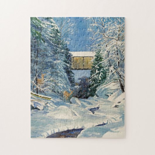 Bedekte Brug met Sneeuw en Der bij Stroom Legpuzzel (Verticaal)