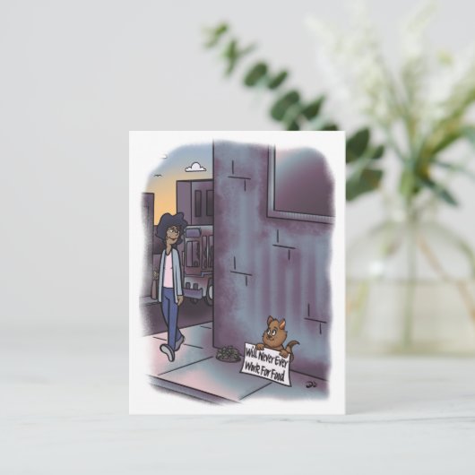 Bedelende kat met teken briefkaart (Staand voorkant)