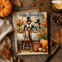 Bedevaartgangers en hun kat fijne Thanksgiving gro