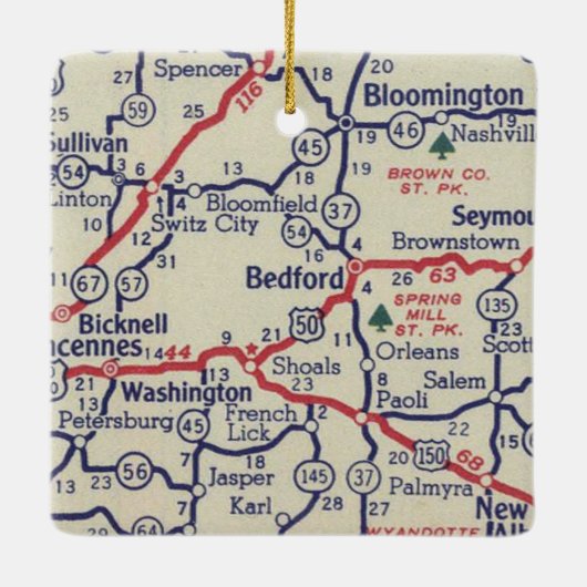 Bedford IN 50's Map Keramisch Ornament (Achterkant)