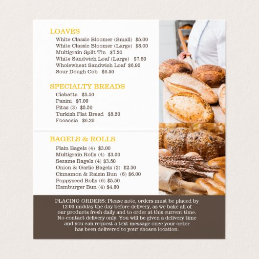 Bedieningsmenu voor bakkersen met bruin geelbruin  visitekaartje (Binnenkant ongevouwen)