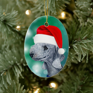 Bedlington Terrier Dog Red Santa Hat Kerstmis Keramisch Ornament