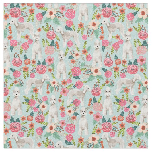 Bedlington Terrier vintage florals munt Stof (Close Up)