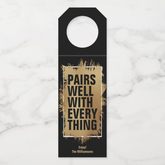 BEDRAAGT GOED MET ALLE Goudolie op zwart Flessenhanger (Voorkant)