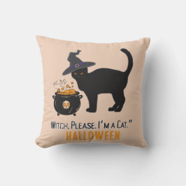bedrade kat met heksenhut in halloween bewerkbaar buitenkussen