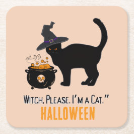 bedrade kat met heksenhut in halloween bewerkbaar kartonnen onderzetters