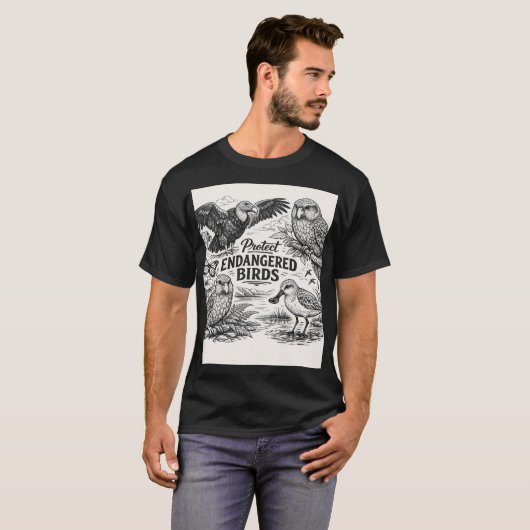 Bedreigde Vogelkunst: Minimalistische Zwart-Wit Na T-shirt (Voorkant volledig)
