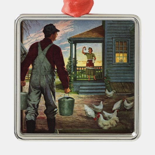  bedrijf, Boerderij met boeren en kippen Metalen Ornament (Voorkant)