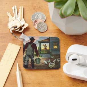 bedrijf, Boerderij met boeren en kippen Sleutelhanger