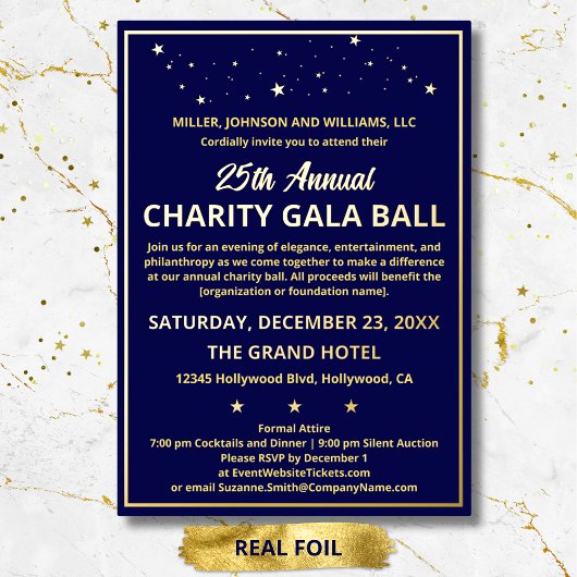 Bedrijf Charity Gala Ball Elegant Blue Custom Folie Uitnodiging