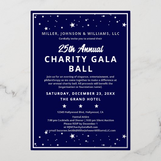 Bedrijf Charity Gala Ball Elegant Blue Silver Folie Uitnodiging (Voorkant)