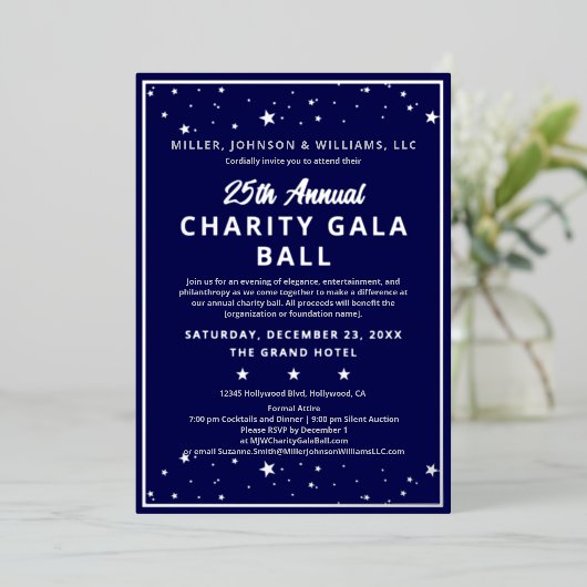 Bedrijf Charity Gala Ball Elegant Blue Silver Folie Uitnodiging (Staand Voorkant)