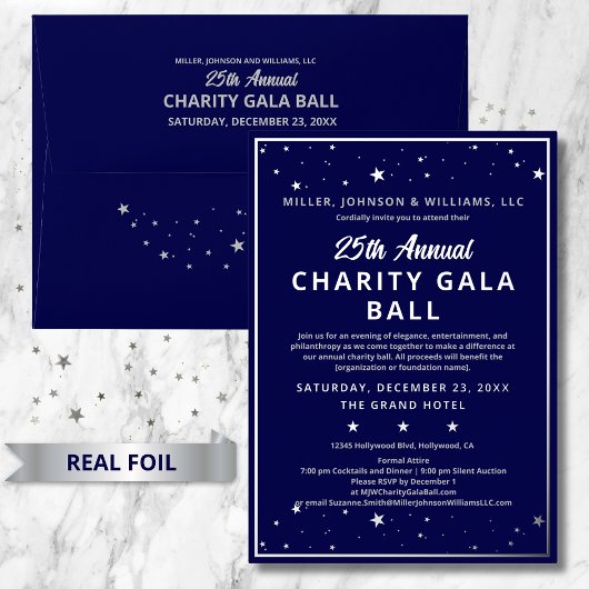 Bedrijf Charity Gala Ball Elegant Blue Silver Folie Uitnodiging