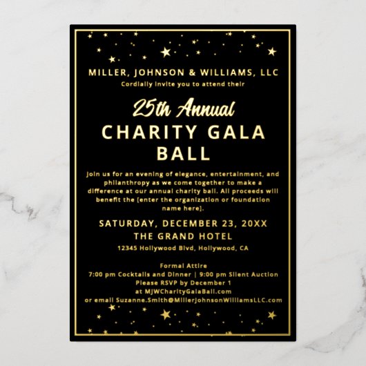 Bedrijf Charity Gala Ball Elegant Zwart Alles Folie Uitnodiging (Voorkant)