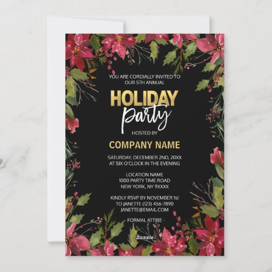 Bedrijf CORPORATE Rood Zwart Goud Poinsettia PARTY Feestdagenkaart (Achterkant)