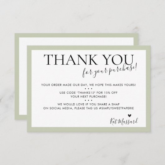 BEDRIJF DANK JE modern bleek sage groen Bedankkaart (Voorkant / Achterkant)