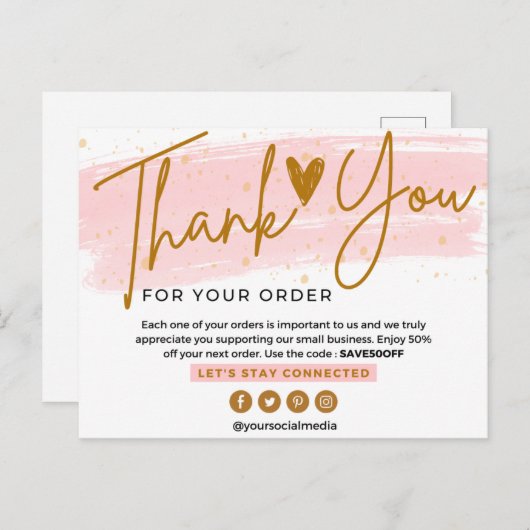 BEDRIJF DANK U roze en gouden script Briefkaart (Voorkant / Achterkant)