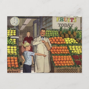 bedrijf, fruitstandaard met kruidenierswaren briefkaart