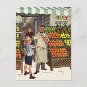 bedrijf, fruitstandaard met kruidenierswaren briefkaart
