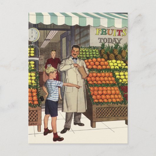  bedrijf, fruitstandaard met kruidenierswaren briefkaart (Voorkant)