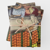  bedrijf, fruitstandaard met kruidenierswaren inpakpapier vel (In situ)