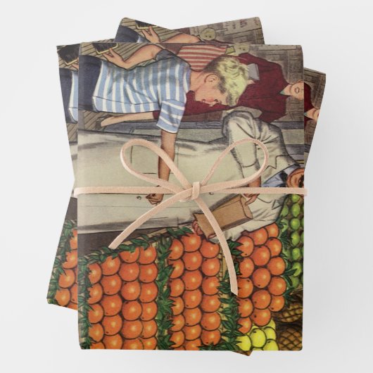  bedrijf, fruitstandaard met kruidenierswaren inpakpapier vel (In situ)