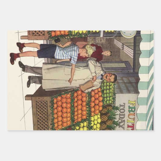  bedrijf, fruitstandaard met kruidenierswaren inpakpapier vel (Voorkant)