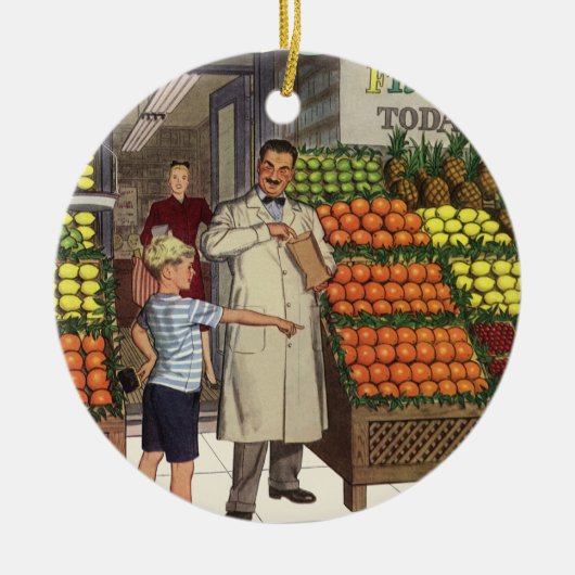  bedrijf, fruitstandaard met kruidenierswaren keramisch ornament (Voorkant)