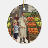  bedrijf, fruitstandaard met kruidenierswaren keramisch ornament (Links)