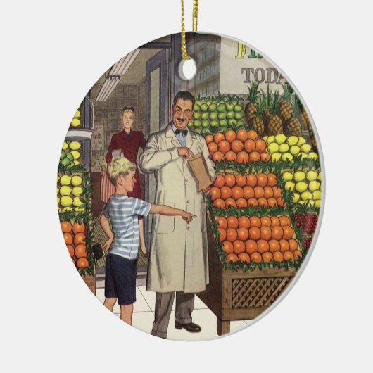  bedrijf, fruitstandaard met kruidenierswaren keramisch ornament (Links)