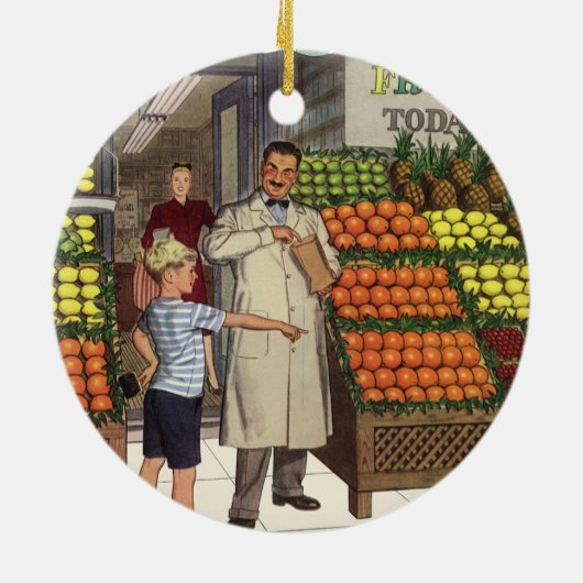  bedrijf, fruitstandaard met kruidenierswaren keramisch ornament (Achterkant)