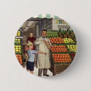 bedrijf, fruitstandaard met kruidenierswaren ronde button 5,7 cm