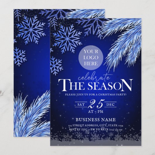 Bedrijf Holiday Party Logo Blue Winter Elegant Kaart (Voorkant / Achterkant)