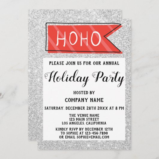 Bedrijf Holiday Party Red & Gray Silver Glitter Kaart (Voorkant / Achterkant)